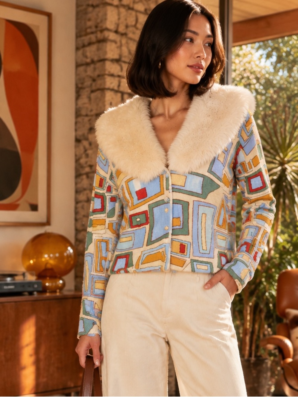 HOUSE OF SUNNY 70s Style Textured Mod Faux Fur Collar Cardigan, S